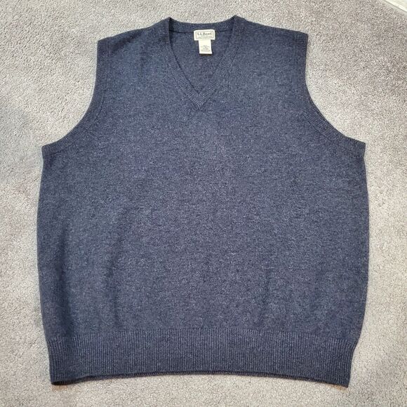 LL Bean sweater Mens Large Blue Vest Wool V Neck Lambswool - Picture 1 of 7
